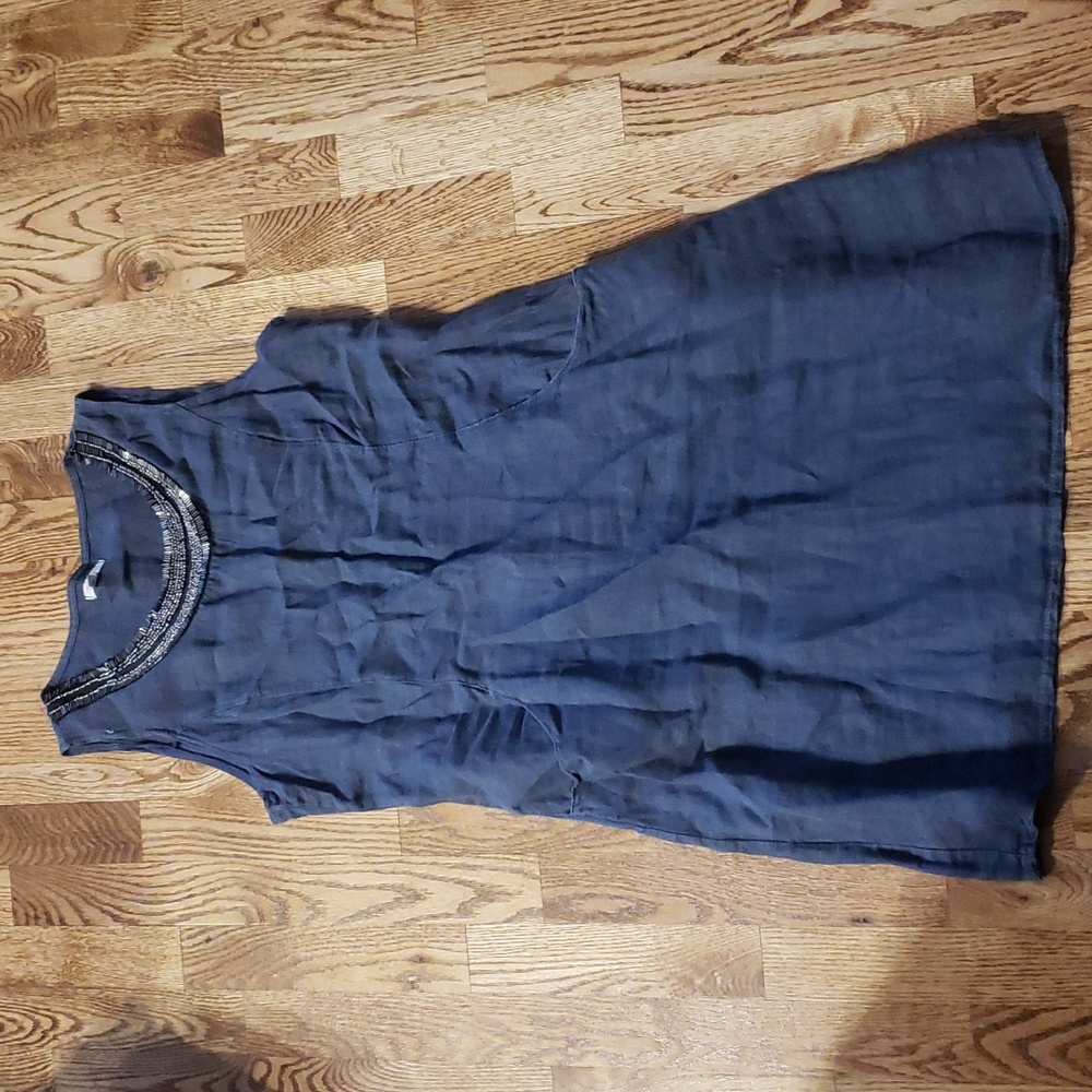 (M) Lina Tomei Made in Italy 100% Linen Tunic Dress Beaded Neckline with Pockets